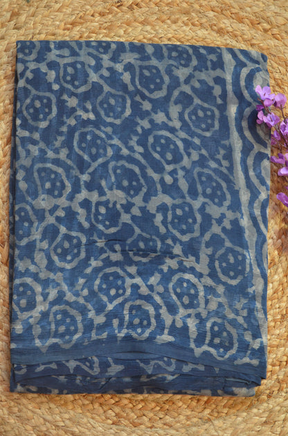 Indigo Chiffon Bagru Print Vegan Silk Handloom Saree
