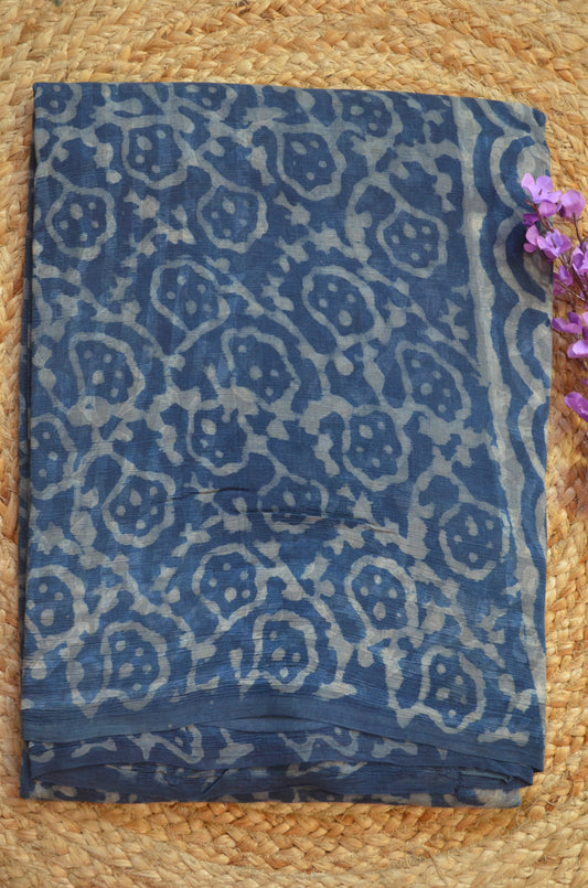 Indigo Chiffon Bagru Print Vegan Silk Handloom Saree