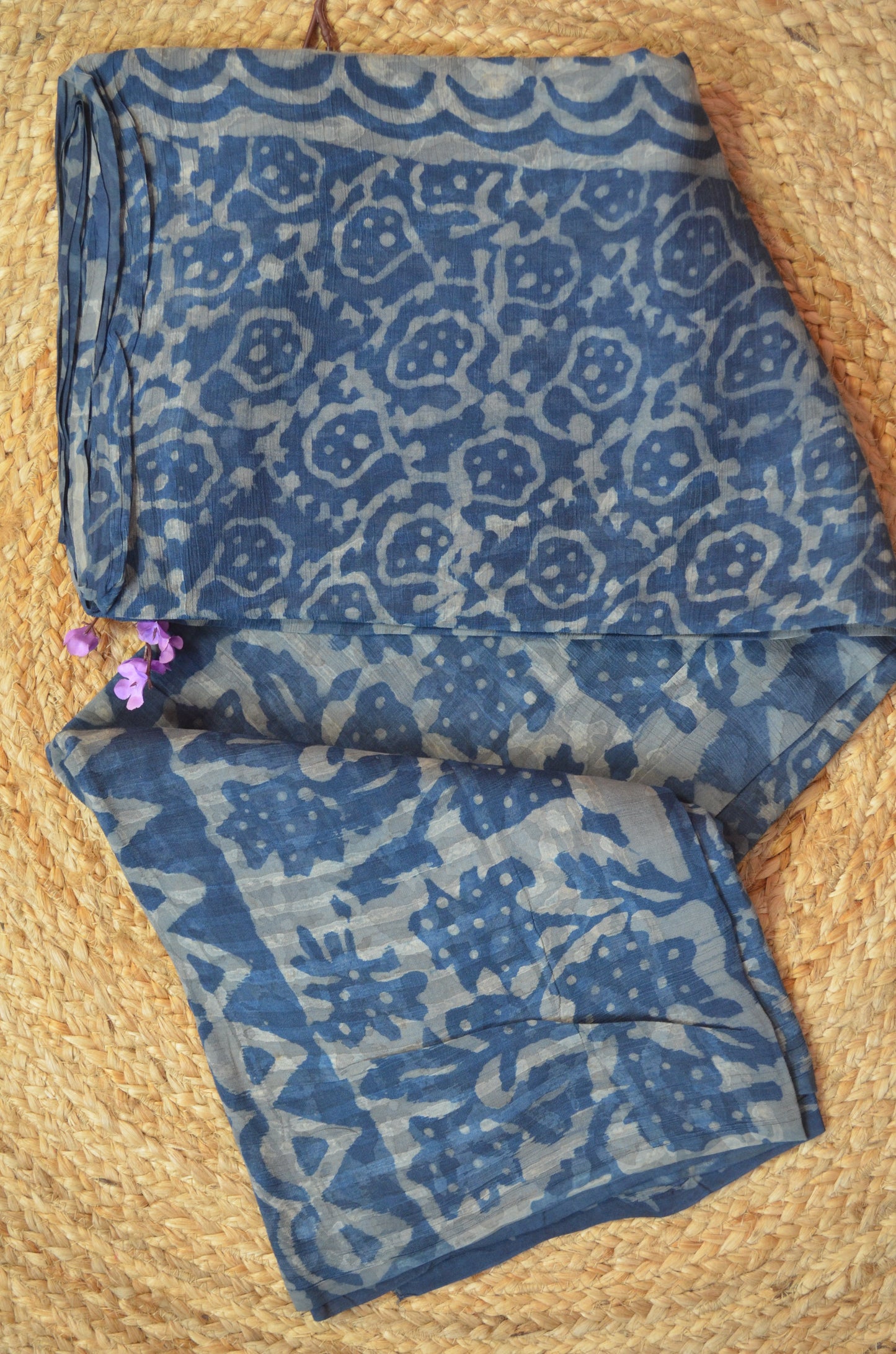 Indigo Chiffon Bagru Print Vegan Silk Handloom Saree