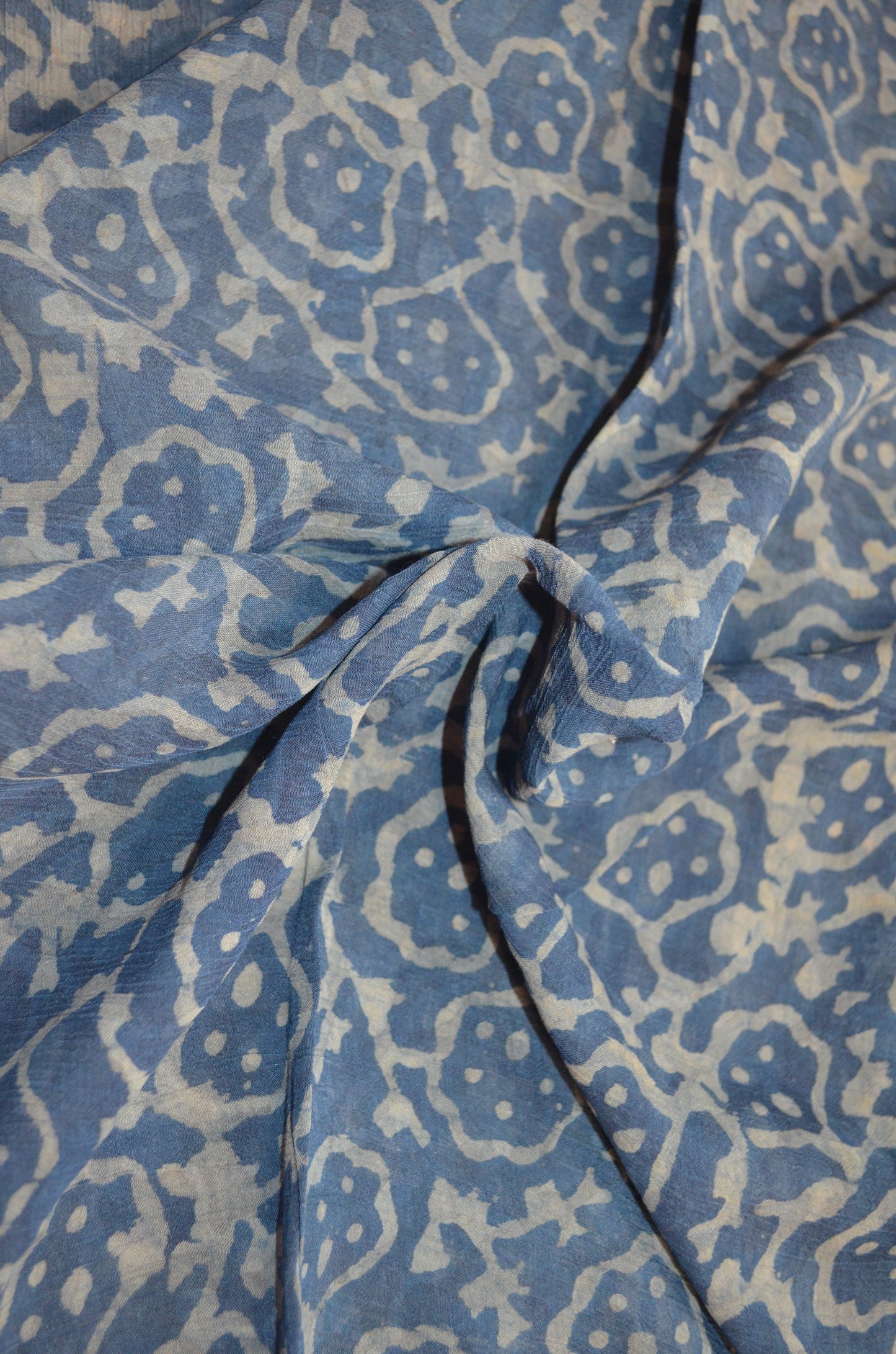 Indigo Chiffon Bagru Print Vegan Silk Handloom Saree