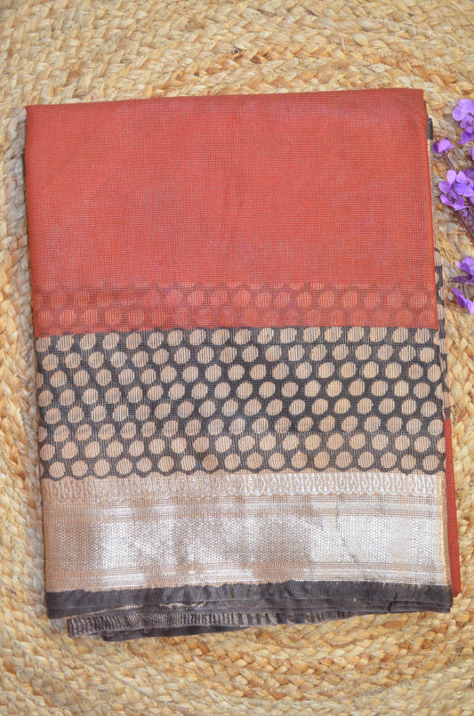 Rust Kota Bagru Print Vegan Silk Handloom Saree