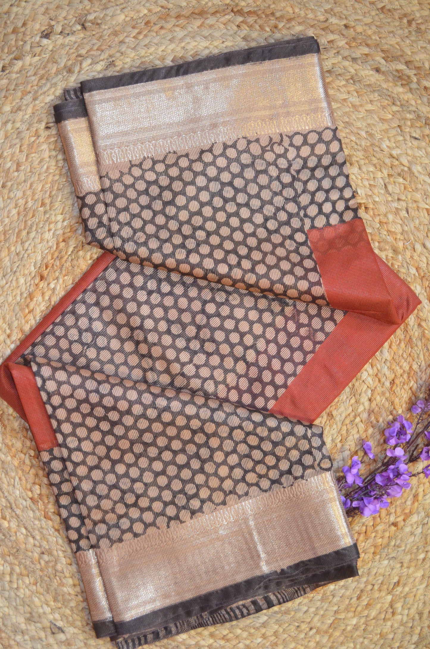 Rust Kota Bagru Print Vegan Silk Handloom Saree
