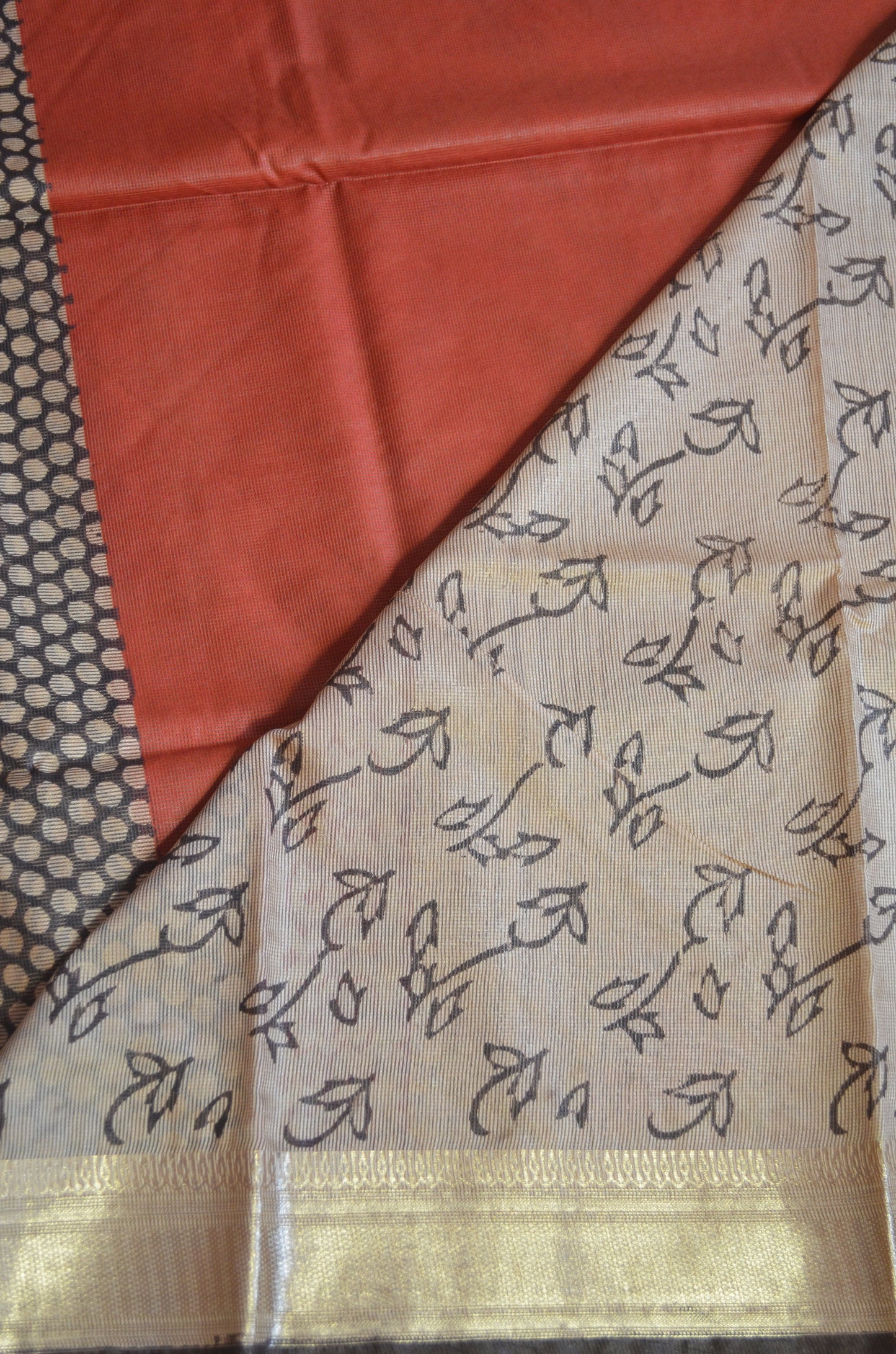 Rust Kota Bagru Print Vegan Silk Handloom Saree