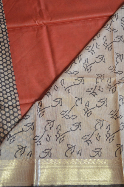 Rust Kota Bagru Print Vegan Silk Handloom Saree