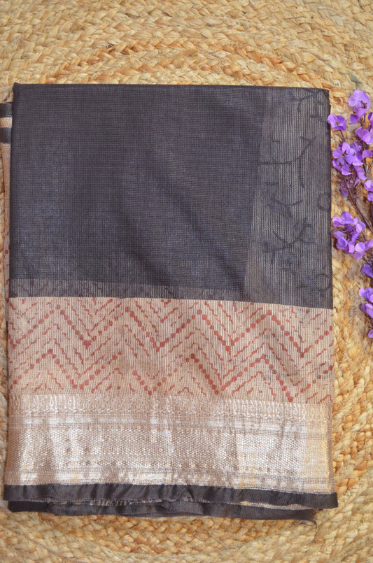Black Kota Bagru Print Vegan Silk Handloom Saree