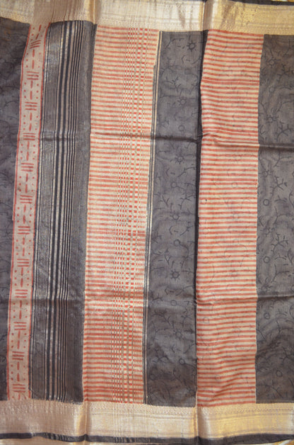 Black Kota Bagru Print Vegan Silk Handloom Saree