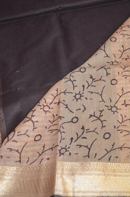 Black Kota Bagru Print Vegan Silk Handloom Saree