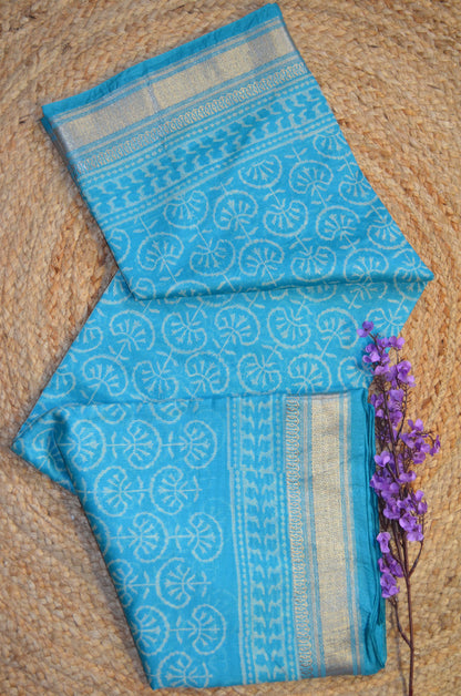Cyan Kota Block Print Vegan Silk Handloom Saree