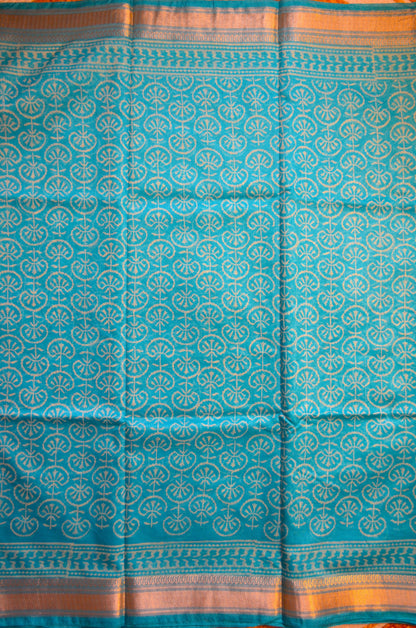 Cyan Kota Block Print Vegan Silk Handloom Saree