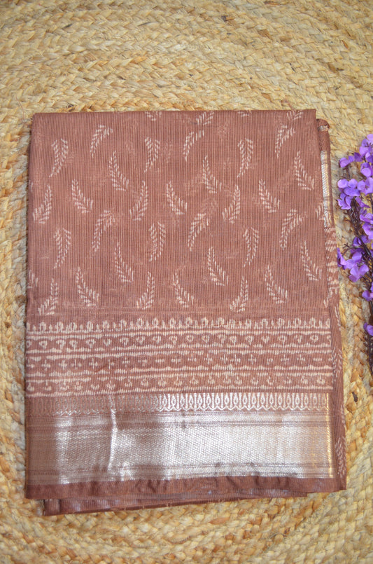 Chocolate Brown Kota Block Print Vegan Silk Handloom Saree