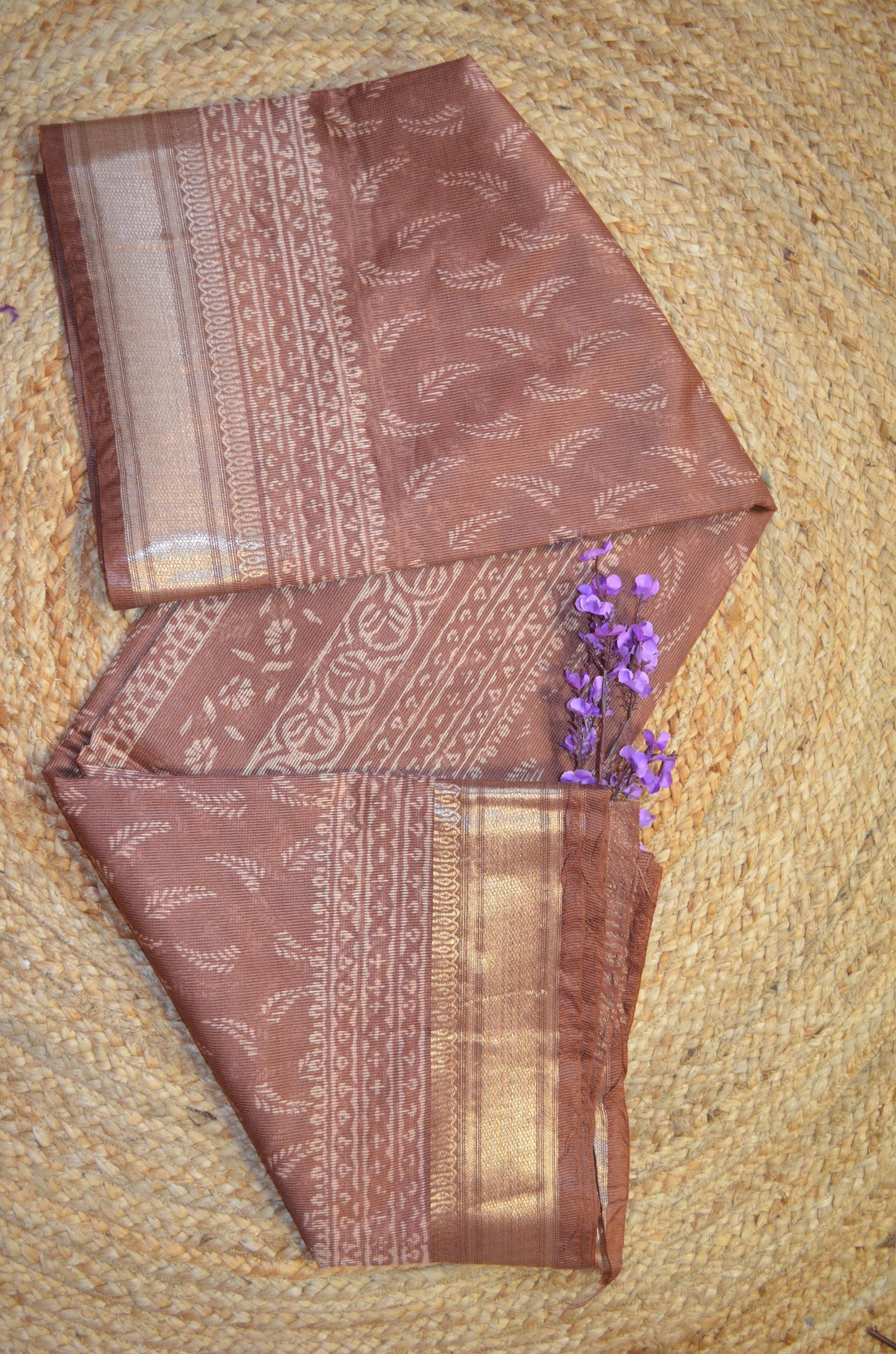 Chocolate Brown Kota Block Print Vegan Silk Handloom Saree