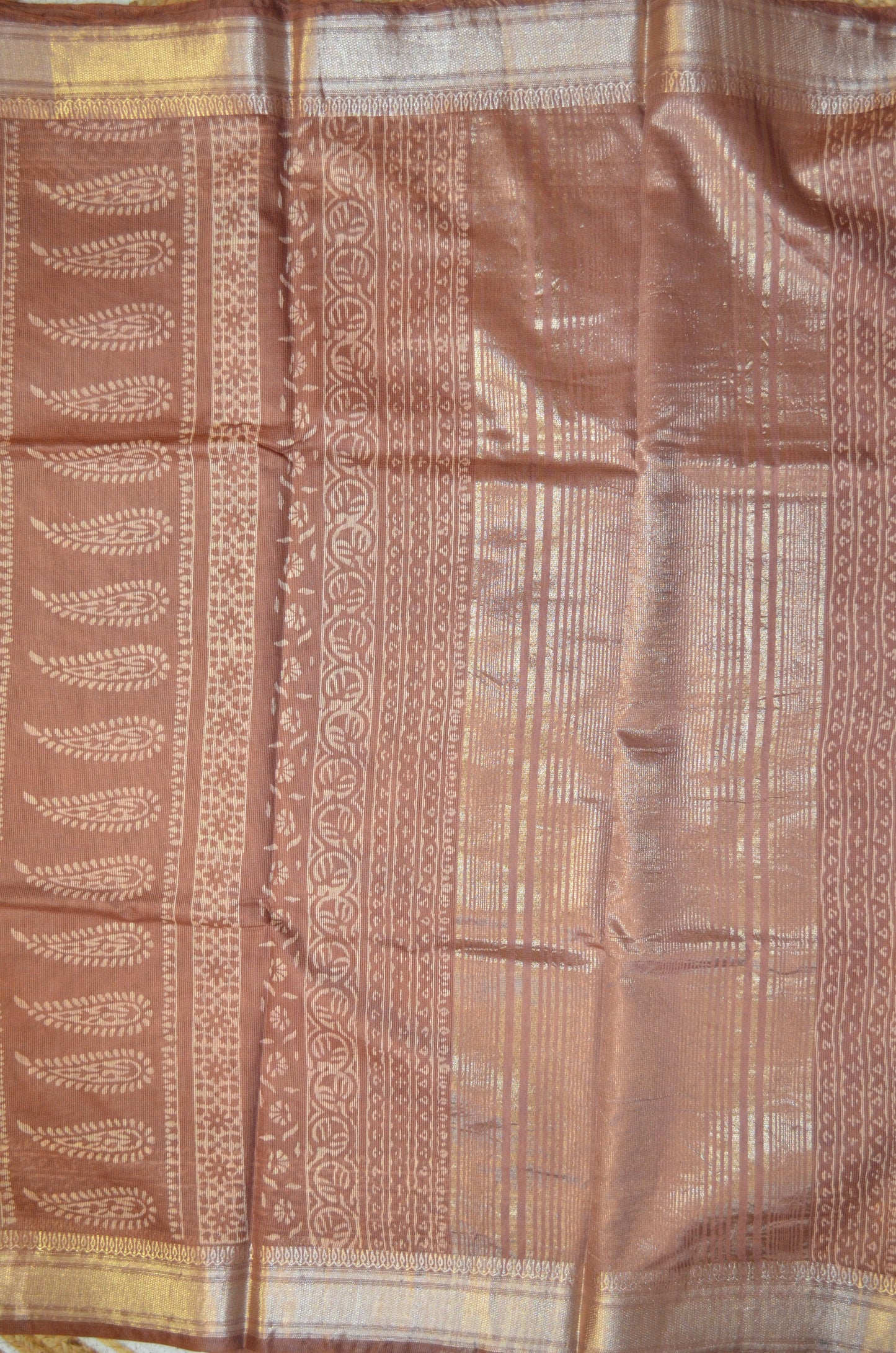 Chocolate Brown Kota Block Print Vegan Silk Handloom Saree