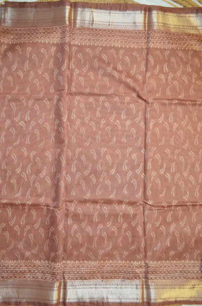 Chocolate Brown Kota Block Print Vegan Silk Handloom Saree