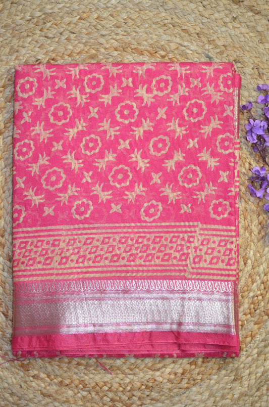 Magenta Kota Block Print Vegan Silk Handloom Saree
