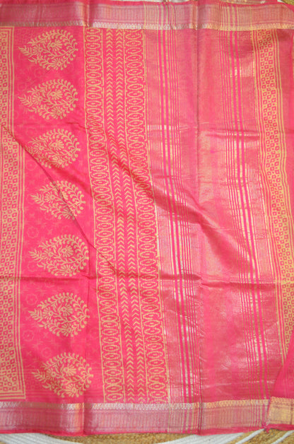Magenta Kota Block Print Vegan Silk Handloom Saree
