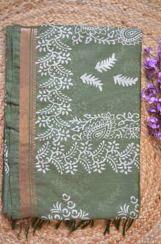 Olive Block Print Vegan Silk Saree