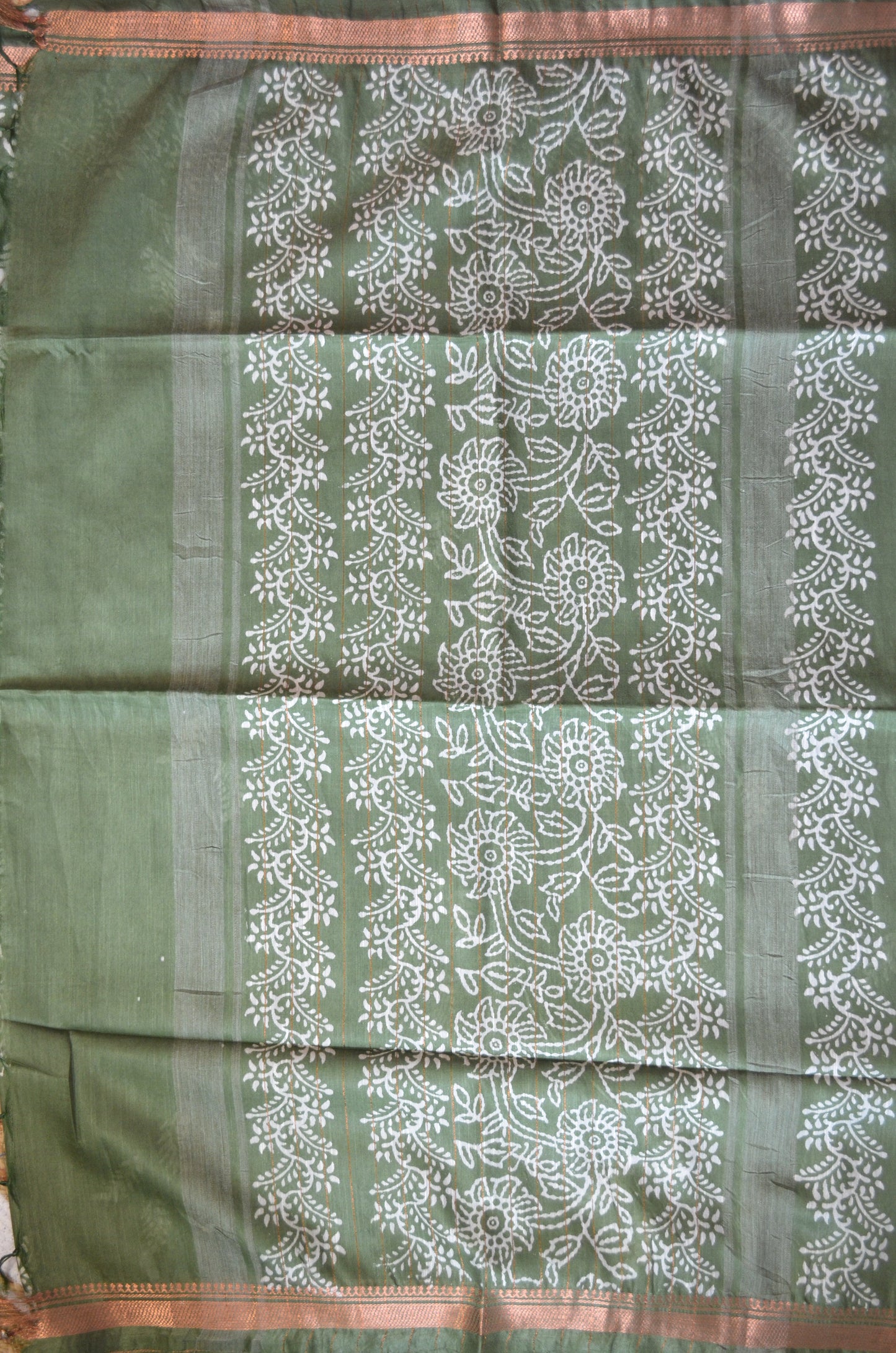 Olive Block Print Vegan Silk Saree