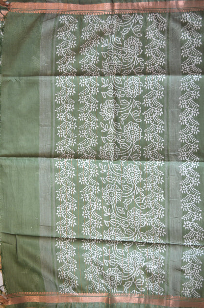 Olive Block Print Vegan Silk Saree