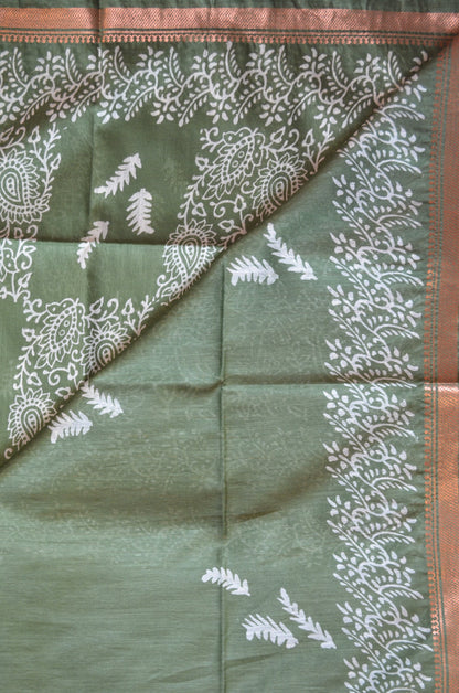 Olive Block Print Vegan Silk Saree