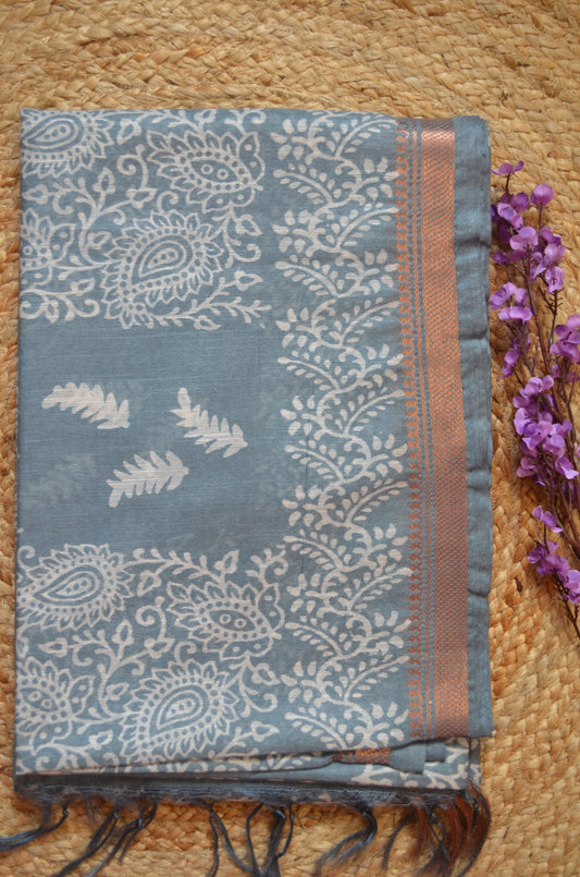 Grey Block Print Vegan Silk Saree