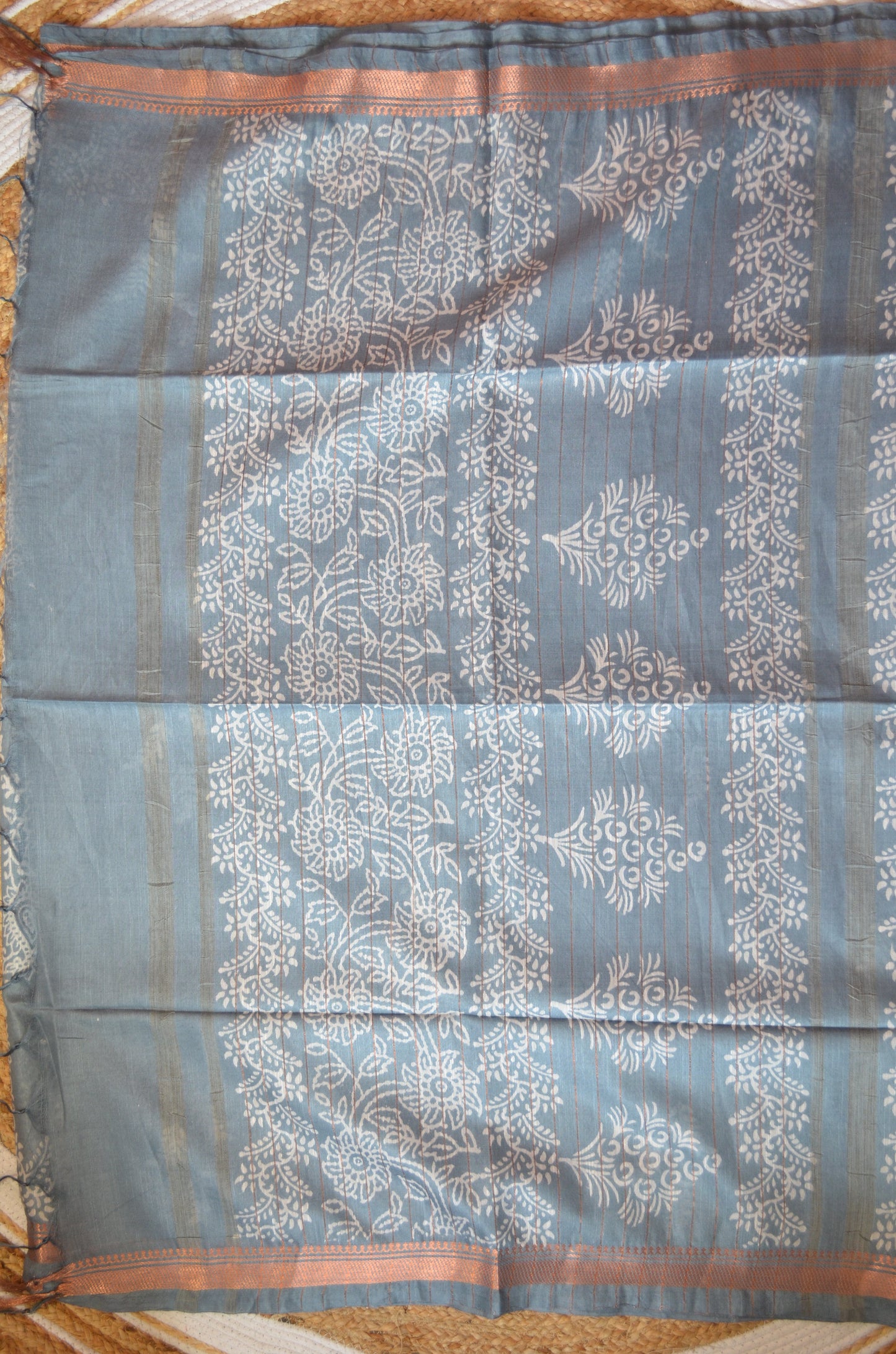 Grey Block Print Vegan Silk Saree