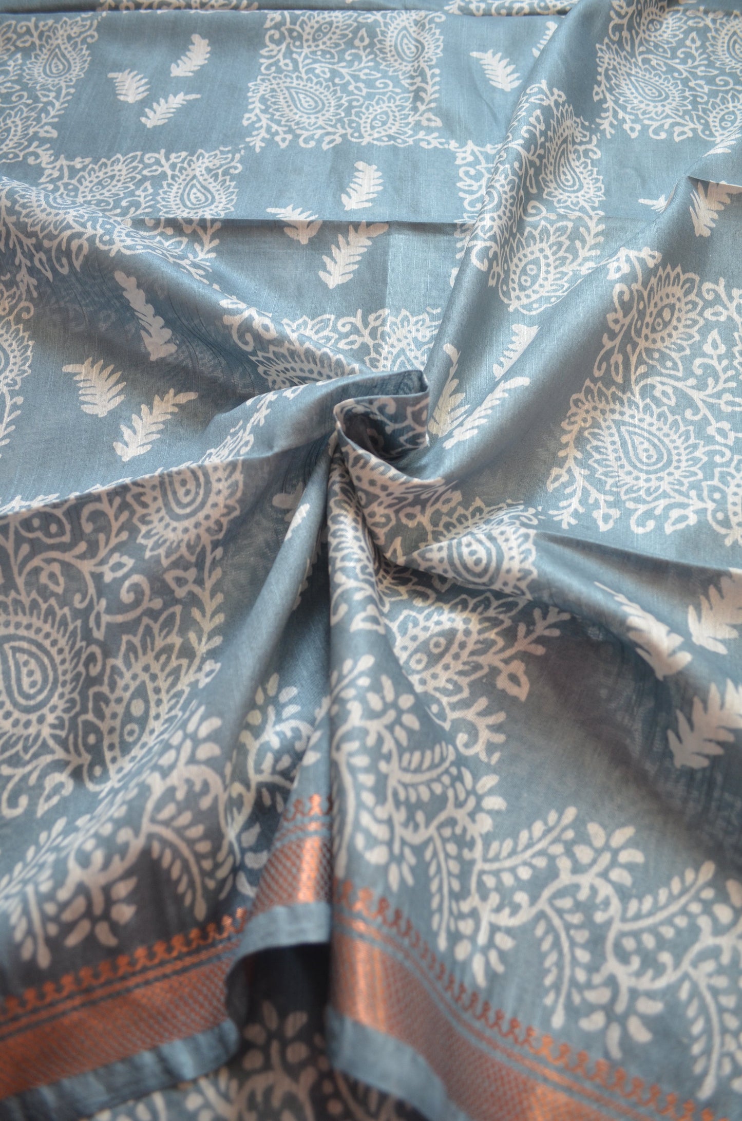 Grey Block Print Vegan Silk Saree