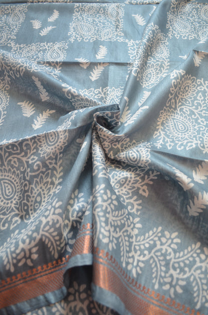 Grey Block Print Vegan Silk Saree