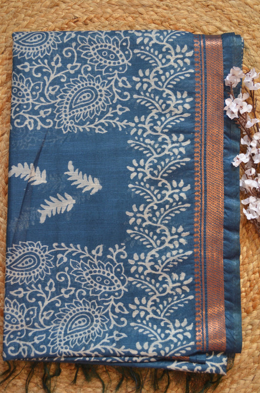 Indigo Block Print Vegan Silk Saree