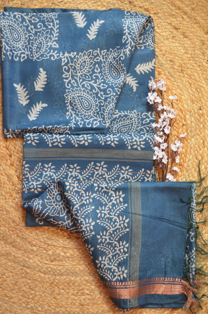 Indigo Block Print Vegan Silk Saree