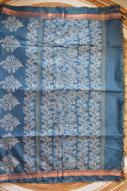 Indigo Block Print Vegan Silk Saree