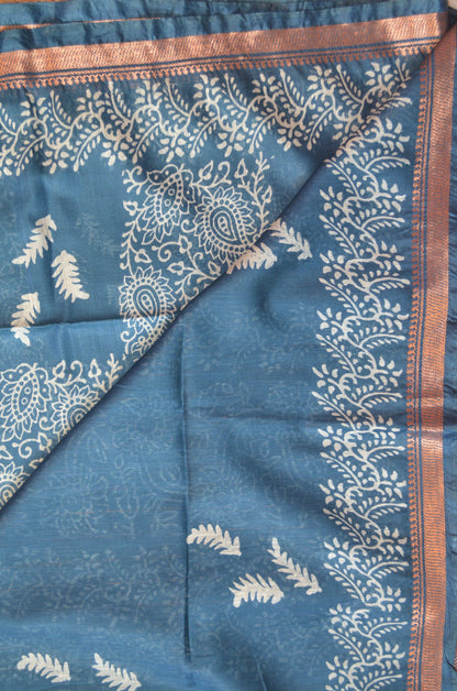 Indigo Block Print Vegan Silk Saree