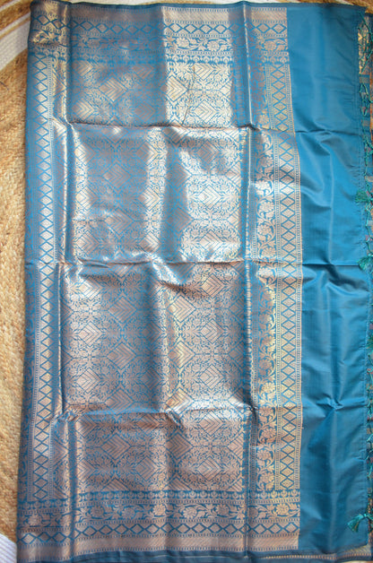 Crystal Teal Silk Zari Work Banarasi Saree