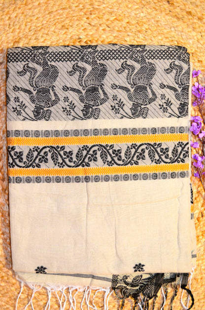 Beige Buttery Mul Cotton Bengal Muslin Baluchuri Handloom Saree