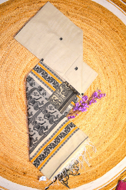 Beige Buttery Mul Cotton Bengal Muslin Baluchuri Handloom Saree