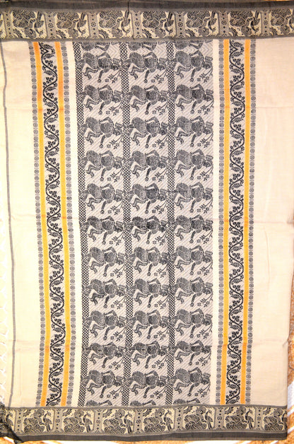Beige Buttery Mul Cotton Bengal Muslin Baluchuri Handloom Saree