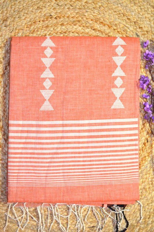 Peach Buttery Mul Cotton Bengal Muslin Tangail Handloom Saree