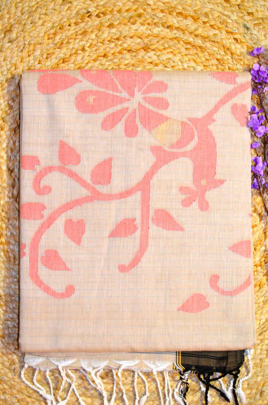Dark Beige Buttery Mul Cotton Bengal Jamdani Handloom Saree