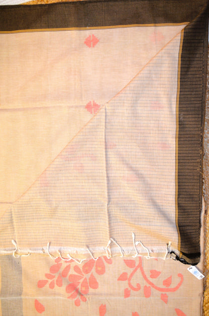Dark Beige Buttery Mul Cotton Bengal Jamdani Handloom Saree