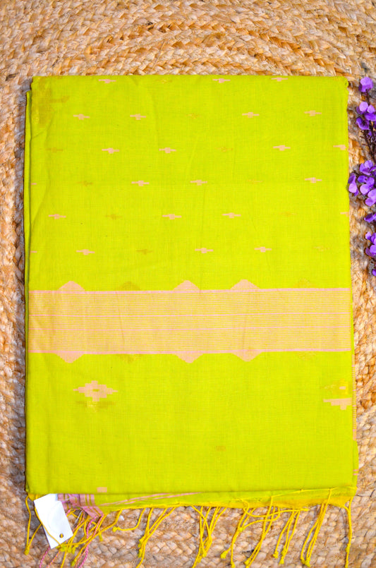 Lemon Green Buttery Mul Cotton Bengal Jamdani Handloom Saree