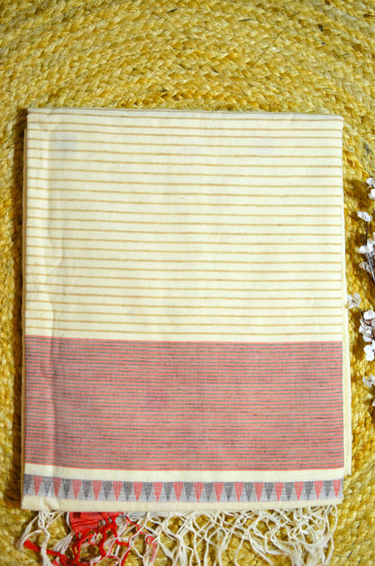 Cream Buttery Mul Cotton Bengal Muslin Tangail Handloom Saree