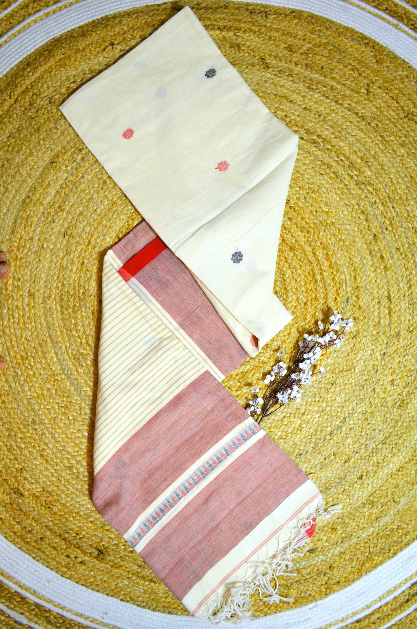 Cream Buttery Mul Cotton Bengal Muslin Tangail Handloom Saree