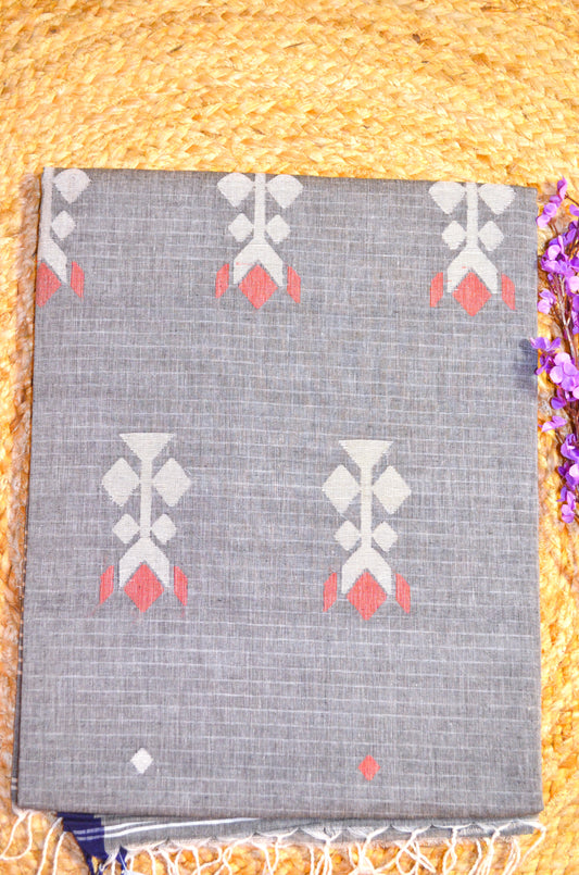 Grey Buttery Mul Cotton Bengal Muslin Tangail Handloom Saree