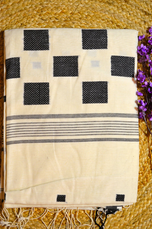 Cream Black Buttery Mul Cotton Bengal Muslin Tangail Handloom Designer Saree