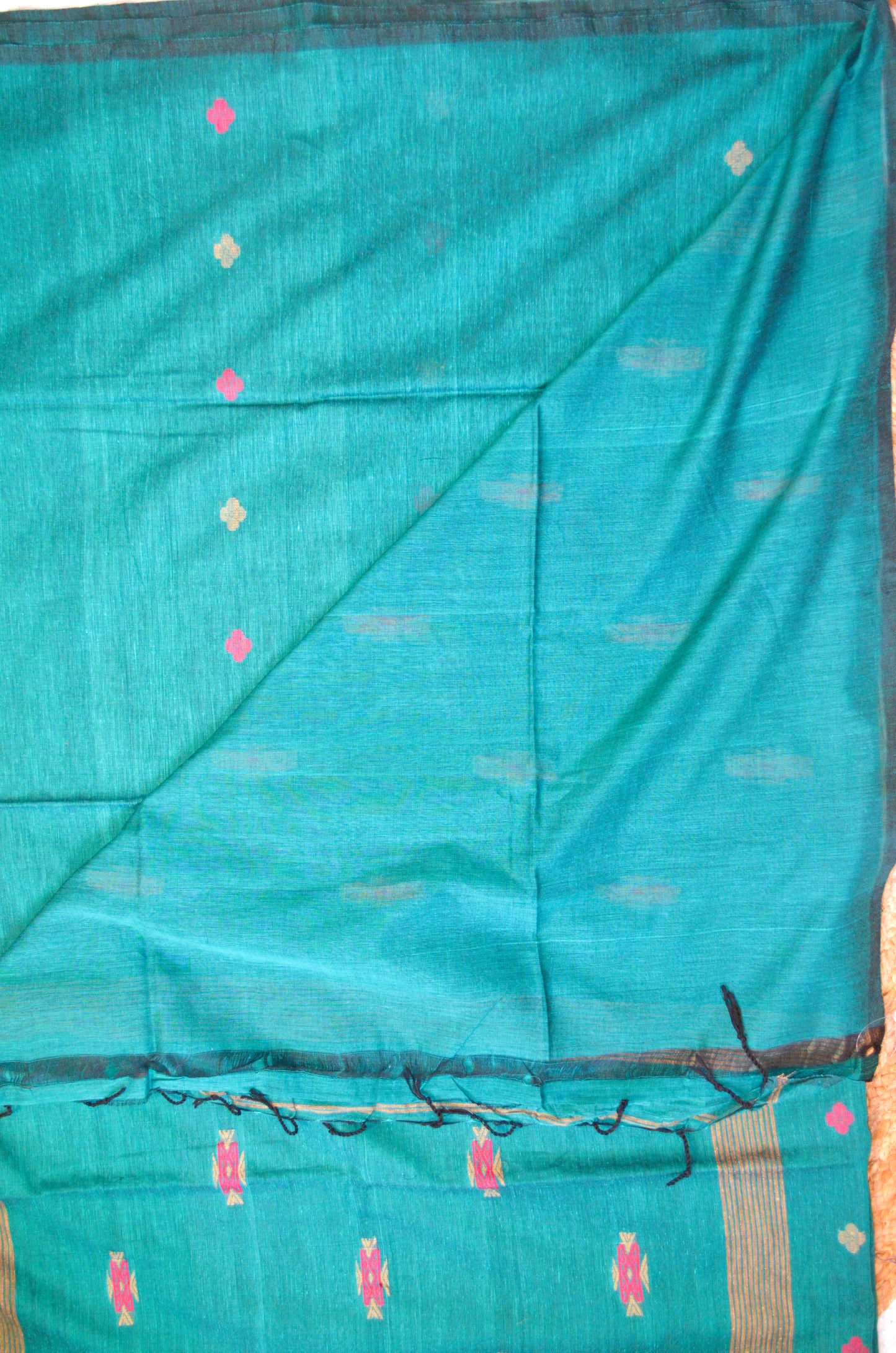 Dark Teal Buttery Mul Cotton Bengal Muslin Handloom Saree