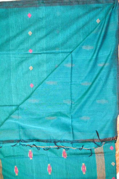 Dark Teal Buttery Mul Cotton Bengal Muslin Handloom Saree