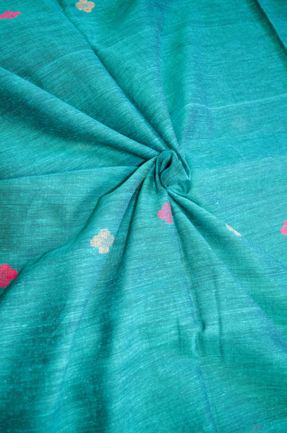 Dark Teal Buttery Mul Cotton Bengal Muslin Handloom Saree