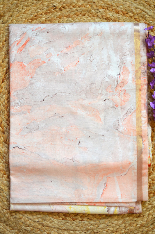 White Marble Print Vegan Silk Handloom Saree