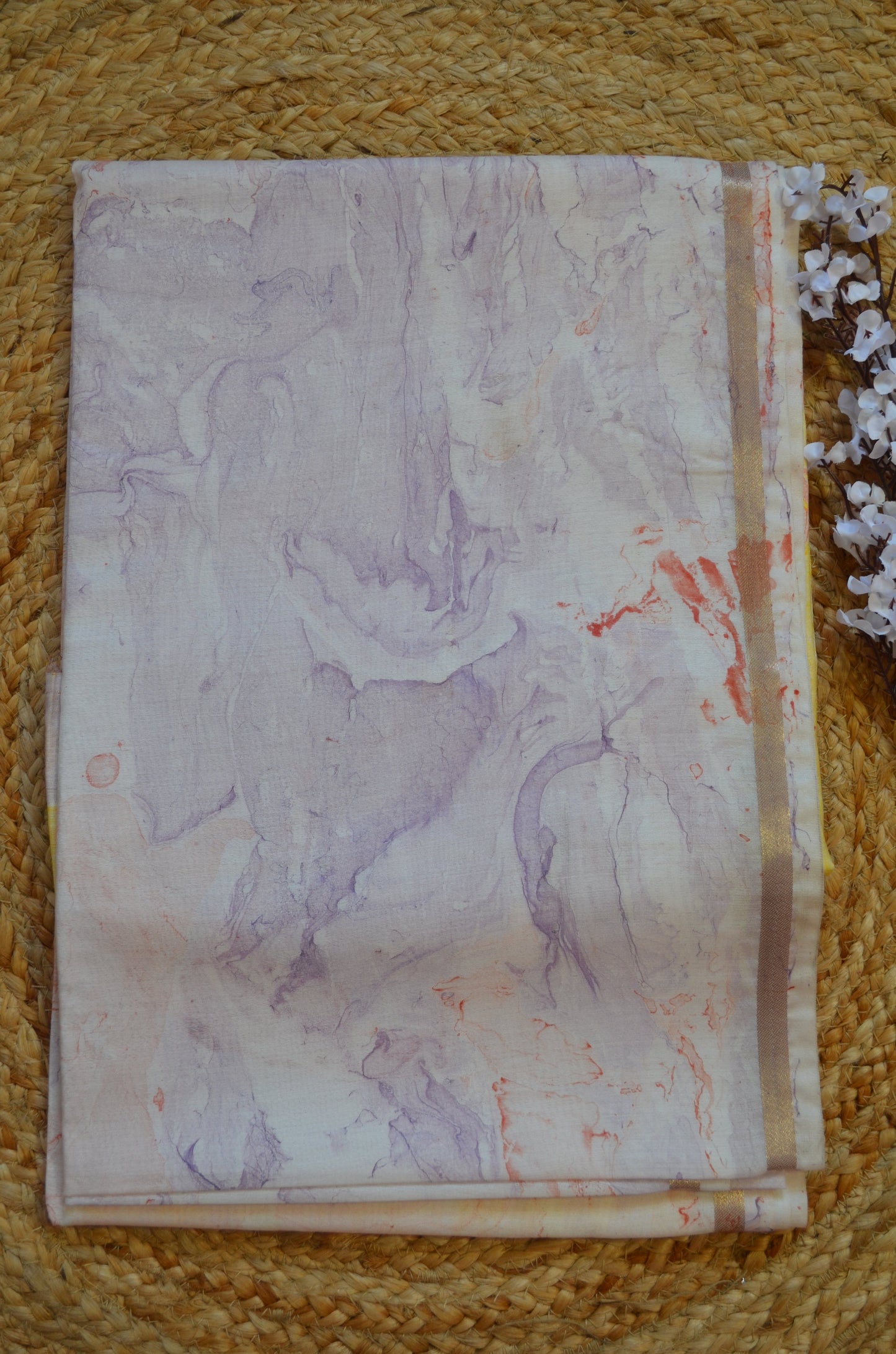 White Marble Print Vegan Silk Handloom Saree