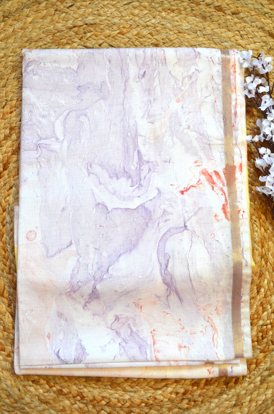White Marble Print Vegan Silk Handloom Saree