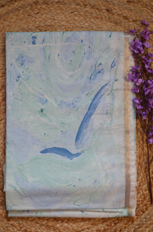 White Marble Print Vegan Silk Handloom Saree